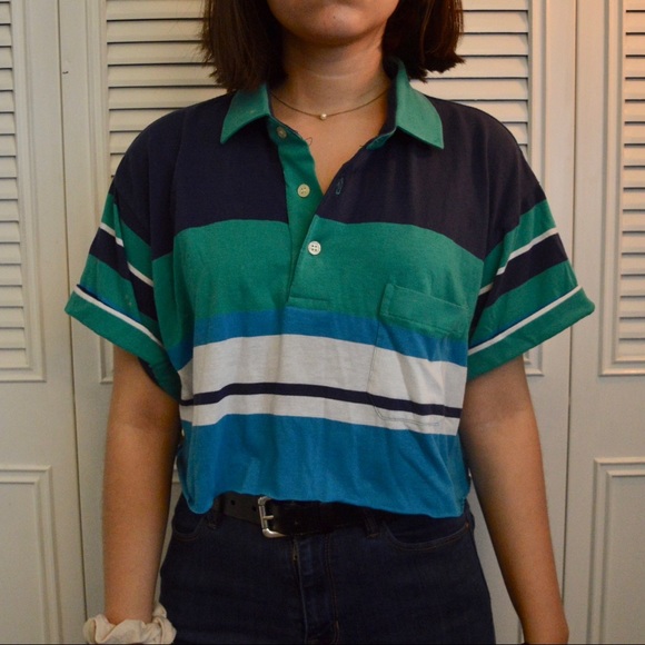Blue And White Cropped Striped Dad Tee 